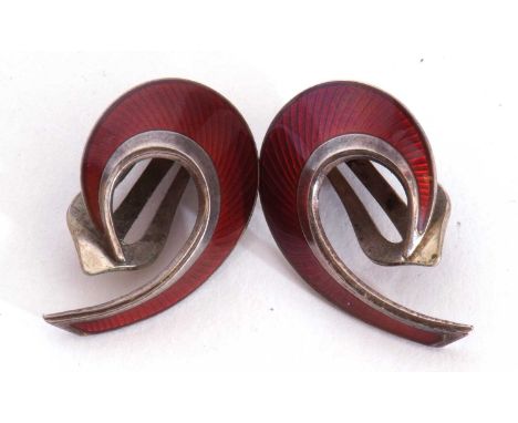 Pair of vintage Norwegian enamel earrings, stylised with red guilloche enamel design, marked 925 S Sterling, Made in Norway, 