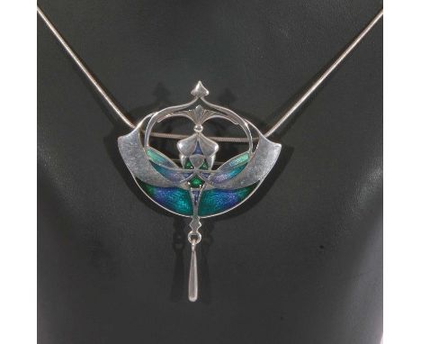 Modern 925 enamel Arts &amp; Crafts style open work pendant suspended from a 925 chain, 45 x 40mm approx
