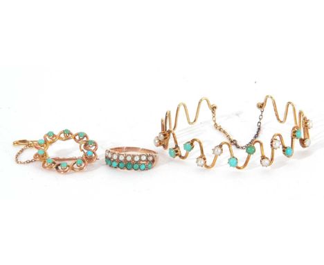 Mixed Lot: seed pearl and turquoise ring, a design with opposite rows of eight small seed pearls and eight small turquoises, 