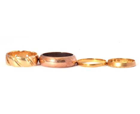 Victorian 18ct gold wide band ring, pierced design, Birmingham 1879, size L/M, 4.5gms, a Victorian 18ct gold ring, plain poli