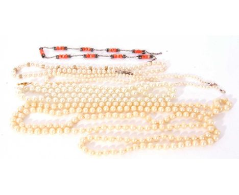 Mixed Lot: single row of small cultured pearl bead necklace, graduated from 4 to 8mm, two opera length simulated pearl neckla