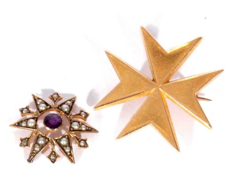 Small amethyst and seed pearl starburst, stamped 9ct, 18mm diam, together with a plain polished yellow metal Maltese cross br