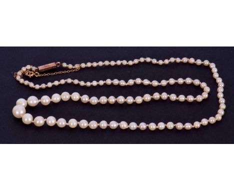 Cultured pearl necklace, a single row of graduated pearls (2mm/6mm) to a 9ct barrel clasp, 26cm fastened