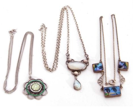 935 and silver stamped open work enamel pendant on a 925 chain, a butterfly wing and painted panelled necklace stamped T.L.M.