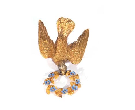 Antique yellow metal and enamel diamond brooch, a naturalistically modelled dove of peace holding an enamelled garland betwee