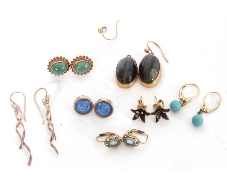Mixed Lot to include seven pairs of various earrings to include cabochon, tiger's eye, blue guilloche enamel, turquoise etc