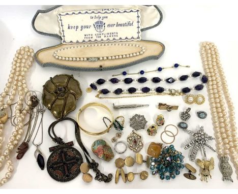 Mixed Lot: various costume jewellery including simulated pearl necklaces, gold plated bangles, cuff links, brooches, rings et