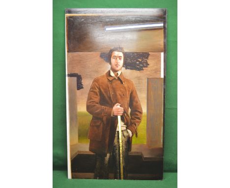 Jago Max Williams, Exhibited for Hunting Art 1 Prizes, oil on board self portrait wearing brown coat and holding a walking ca