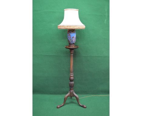 Mahogany turned and carved torchere with cloisonne table lamp and lamp shade