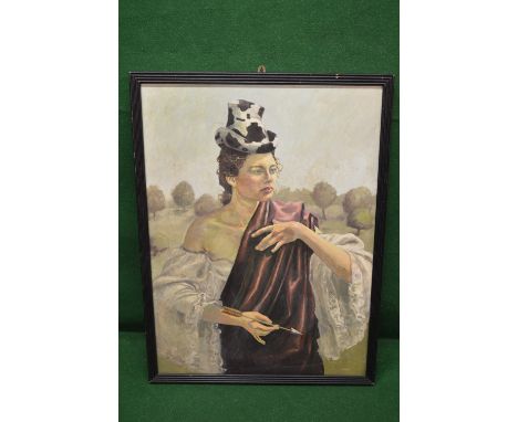Jago Max Williams, Exhibited for Hunting Art 1 Prizes 1995, oil on canvas entitled Artemis, portrait of a lady wearing a hat 