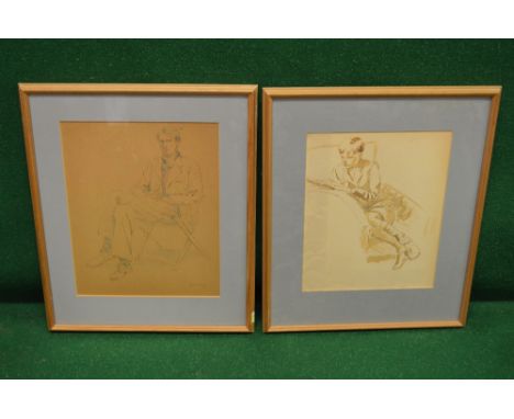 Unsigned pen and ink sketch of lady reading in an armchair - 9" x 11.5" together with another sketch of a gentleman seated in