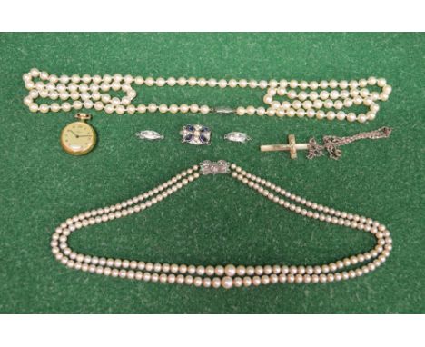 Quantity of ladies jewellery to comprise of Mother of Pearl crucifix on silver chain, Itraco Quartz pocket watch, two pearl n
