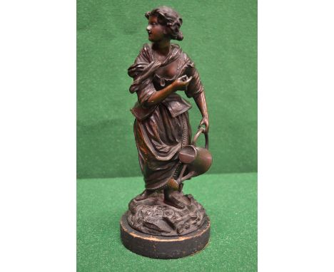 19th century bronze figure of a lady holding a watering can, signed on base E Giavier - 10.5" tall