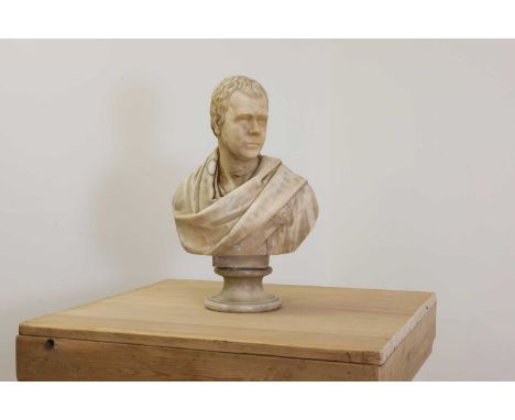 Scottish School (19th century),a head and shoulder portrait bust of Sir Walter Scott, carved alabaster, on a socle base,53cm 