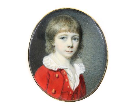 English School, 18th centuryPortrait of a young boy in a white lace shirt and red coat with gold buttonsminiature on ivory, o