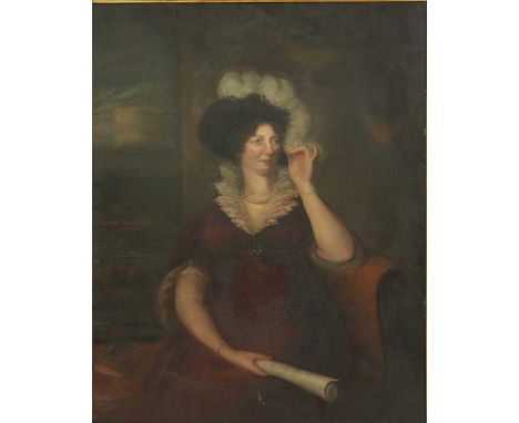 English School, c.1830Portrait of a lady, thought to be HRH Princess Augusta Sophia, three-quarter length seated, in a red dr