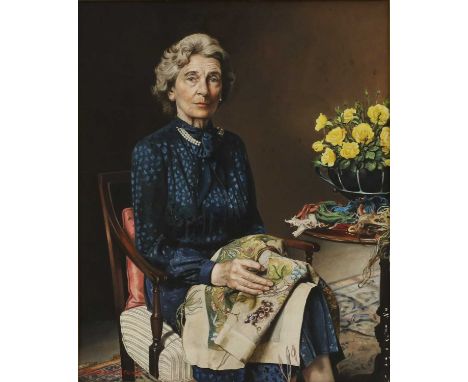 *Richard Stone (b.1951)A portrait of HRH Princess Alice, Duchess of Gloucester, three-quarter length seated, by a table with 