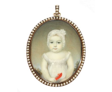 Attributed to Edward Nash (1778-1821)Portrait of Charles Pavins as a young boy holding a red shoe in his right hand, wearing 