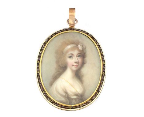 Abraham Daniel (c.1760-1806)Portrait miniature of a young girl with red hair in ringlets down her back, tied with ribbons, we