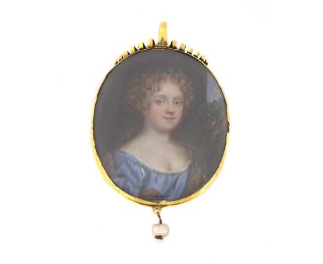 English School, 17th centuryPortrait miniature of a lady, her hair in ringlets, wearing a blue dressminiature, oval5 x 4.2cm,