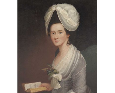 Circle of Thomas Hickey (1741-1824)Portrait of a lady, half length, in a white dress and bonnet, holding a volume of poetryoi