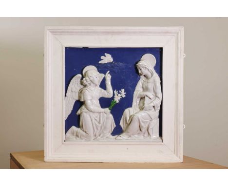 A Cantagalli della Robbia style plaque,c.1900, depicting the Annunciation, stamped with maker's mark to the reverse, within a