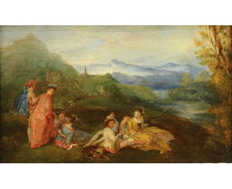 After Jean-Antoine Watteau'Peaceful Love'oil on panel16 x 24.5cmCondition report: The painting is executed in oil on a small 