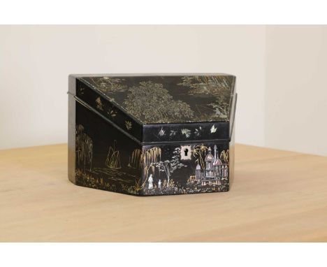 A black and gilt mother-of-pearl inlaid papier mâché stationery box,by Richard Clay, first quarter of the 19th century, decor