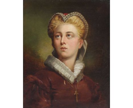 English School, 19th centuryPortrait of Mary, Queen of Scots, bust length, in a pearl headdress and red dress with white ruff