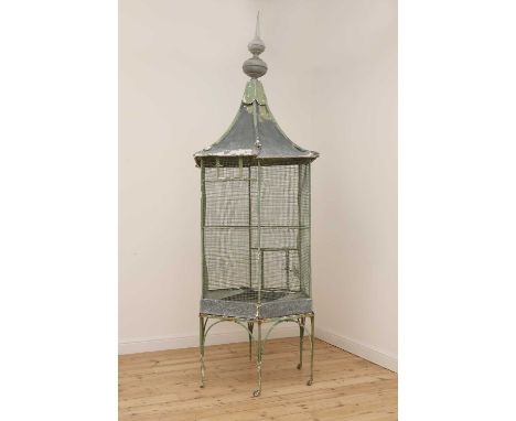 A large painted zinc chateau birdcage,late 19th/early 20th century, French, of hexagonal pagoda form, surmounted by a pointed
