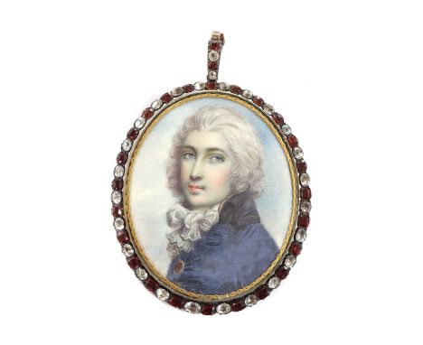 English School, 18th centuryPortrait miniature of a young nobleman with powdered hair, wearing a blue coat with black lapels 