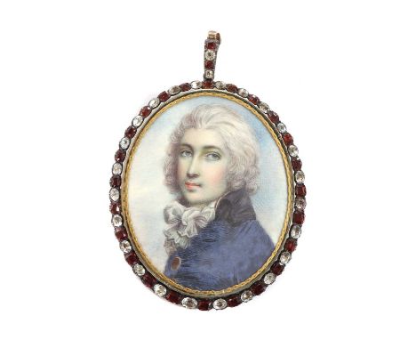 English School, 18th centuryPortrait miniature of a young nobleman with powdered hair, wearing a blue coat with black lapels 