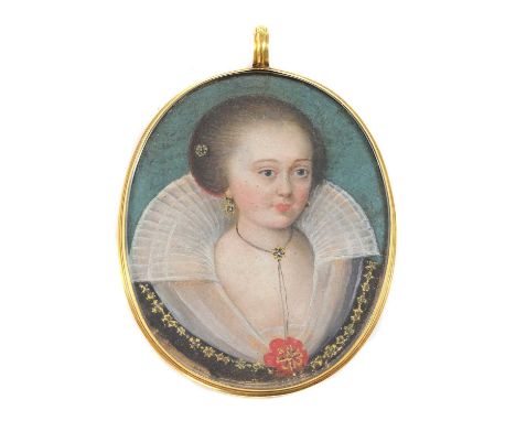 English School, 17th centuryPortrait of Mary Killigrew, in a black and gold dress, white lace ruff and long gold necklace wit