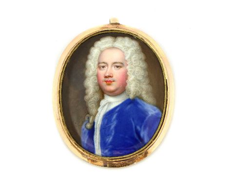 Attributed to Christian Friedrich Zincke (1683/84-1767)Portrait of a gentleman in a full bottomed powdered wig, wearing a blu