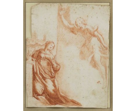 Bolognese School, early 17th centuryThe Angel of the Annunciation appearing to the Virgin Maryred chalkapproximately 26 x 20.