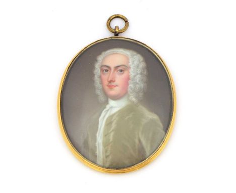 Christian Friedrich Zincke (German, 1683-1767)Portrait of a gentleman with powdered shoulder-length wig, wearing an olive jac