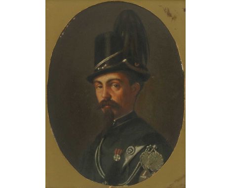 English School, 19th centuryPortrait of an Officer of the London Rifle Brigade, c.1870 oil on panel20 x 15cmThe subject wears