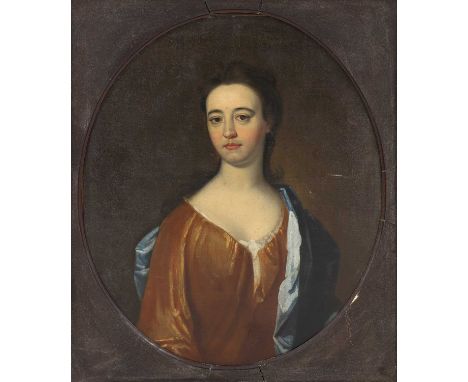 Circle of Jonathan Richardson (1667-1745)Portrait of a lady, half length, in a gold dress and blue wrapoil on canvas, painted