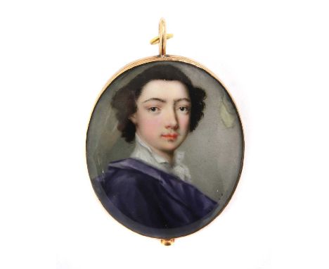 Rupert Barber (fl.1736-1772)Portrait of a young gentleman, facing right, in a white shirt and purple cloaksigned 'R.' l.r., e