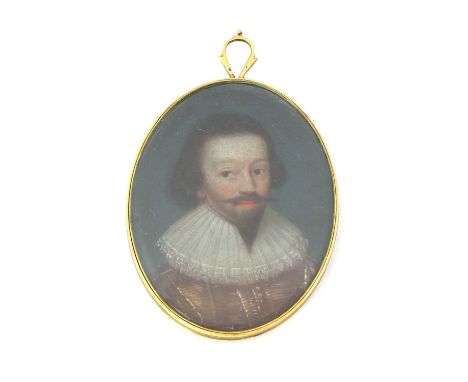 English School, 17th centuryPortrait of a gentleman with moustache and beard, wearing a crimson doublet trimmed with gold and