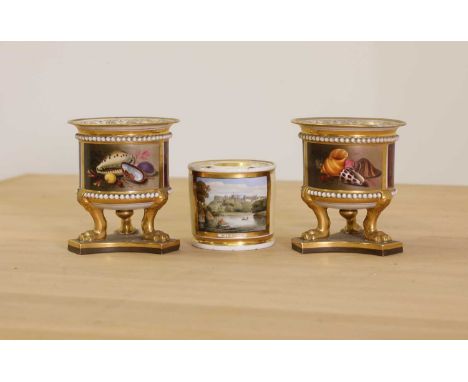 A pair of Flight, Barr & Barr vases,early 19th century, the cylindrical bodies each painted with a panel of seashells within 