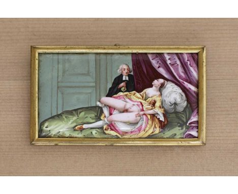 A rectangular English enamel erotic plaque,mid-18th century, Staffordshire, depicting a lady lying on a daybed being attended