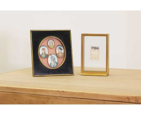 Four Indian portrait miniatures,c.1900, watercolour on card, mounted in a single frame,largest 5.5cm highsmallest 3.5cm high,