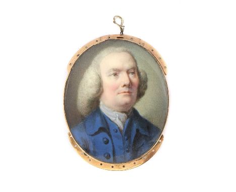 Thomas Day (c.1732-1807?) Portrait of a gentleman in a grey curled wig and blue coat with white stockminiature on ivory, oval