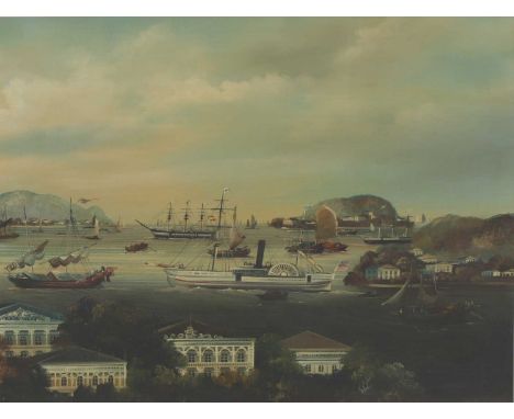 Anglo-Chinese School, 19th centuryCantonese scenes of ships in a harboura pair, oil on silk28 x 30cm (2)Condition report: The