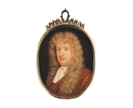 Circle of Peter Cross (d.1724)Portrait miniature of Lord Russell, wearing a long curled wig and russet cloak and stockminiatu