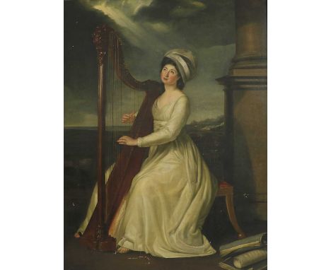 English School, early 19th centuryPortrait of Miss Sophia Williams, full length, wearing a white dress and playing the harpoi