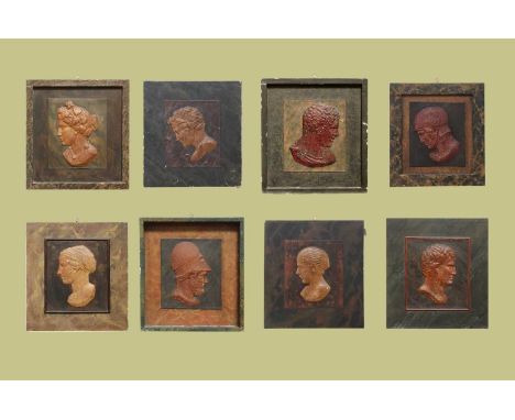 Eight grand-tour-style relief panels,20th century, French, each depicting a profile portrait bust of a classical figure paint