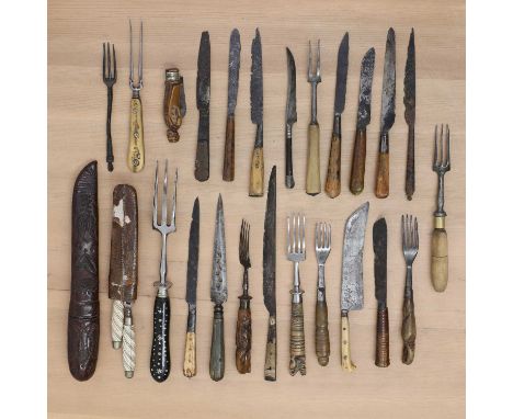 Cutlery items, comprising: twelve early knives including medieval, Elizabethan, 17th and 18th century examples,ten forks, inc