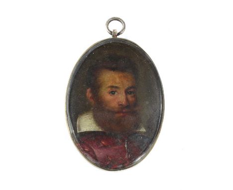 English School, 17th centuryPortrait of a bearded gentleman in a red coat with white ruffminiature, oval 3.2 x 3cm, in a meta